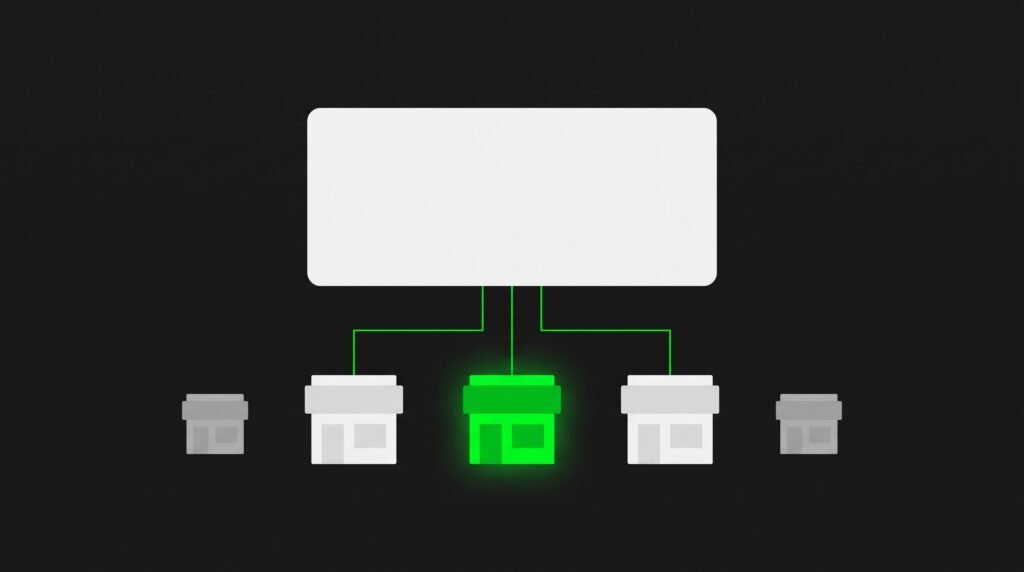 Tarjeta de resumen gris conectada con líneas verdes a tres locales geométricos, uno resaltado en verde, sobre fondo oscuro