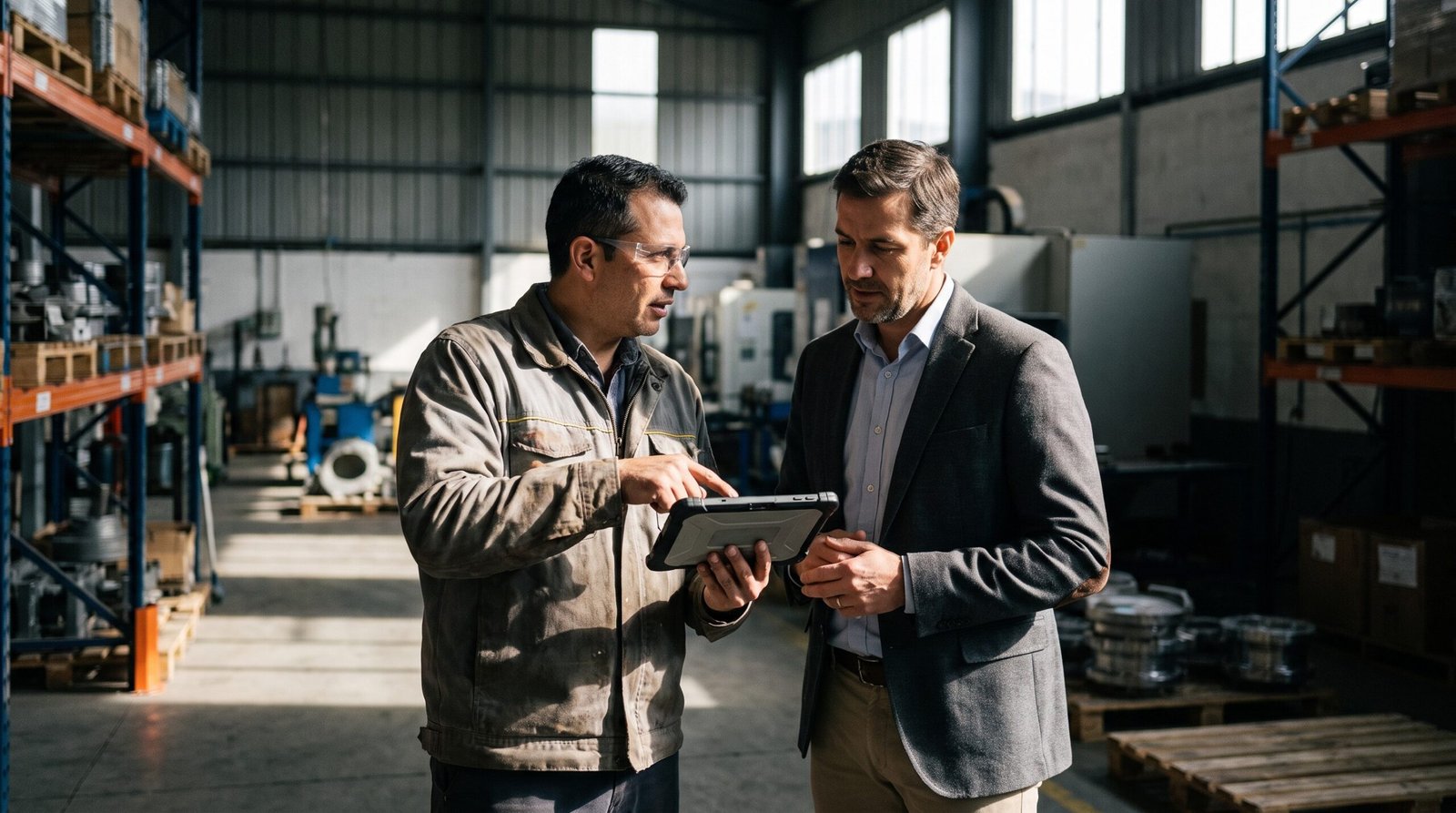 Ingeniero de ventas técnicas revisando una tableta con un cliente en la bodega de una empresa industrial