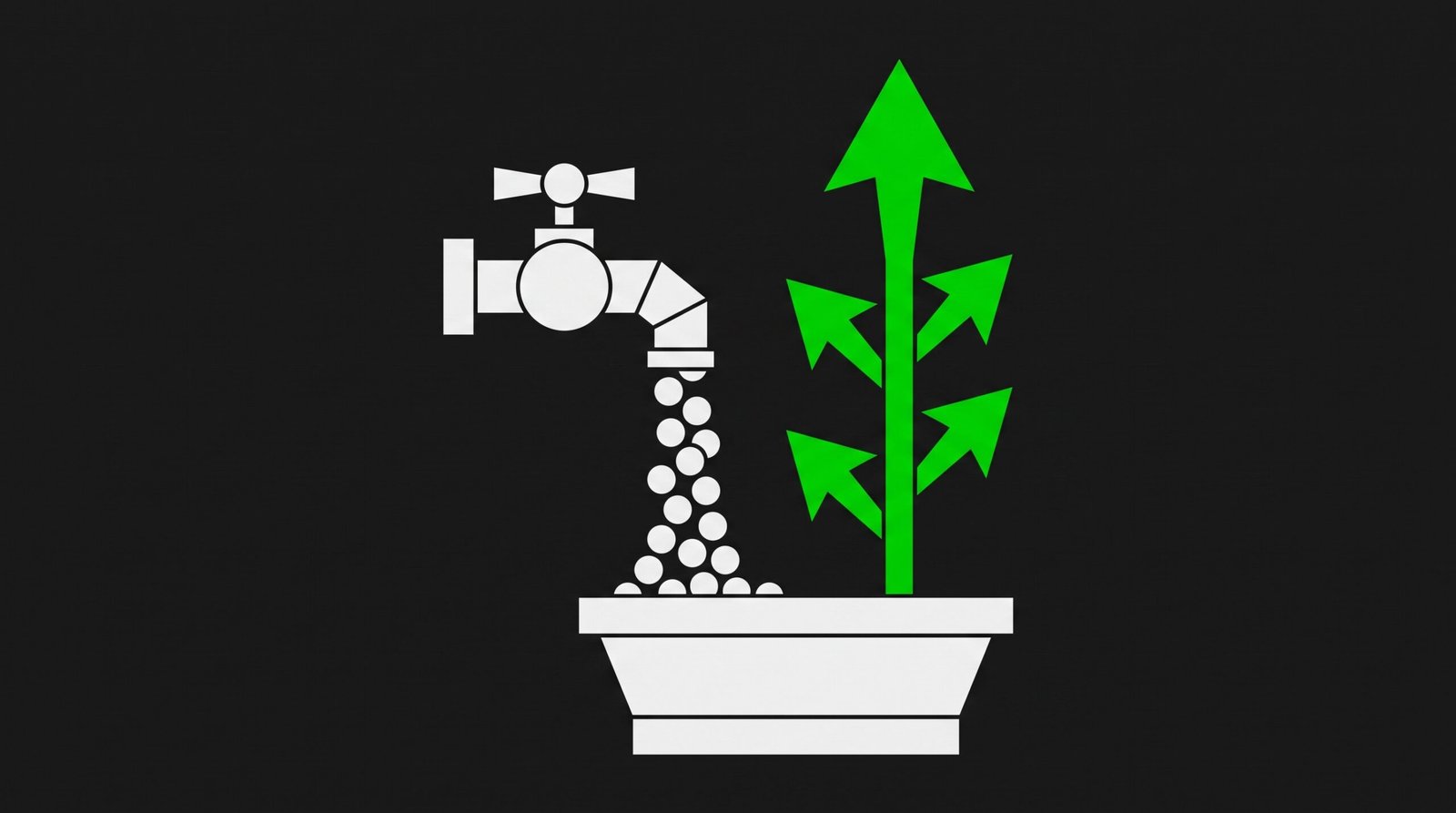 Ilustración de una llave de agua y una planta verde que comparten la misma maceta sobre fondo oscuro