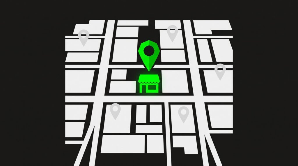 Ilustración de un mapa urbano con un local resaltado en verde bajo un pin de ubicación