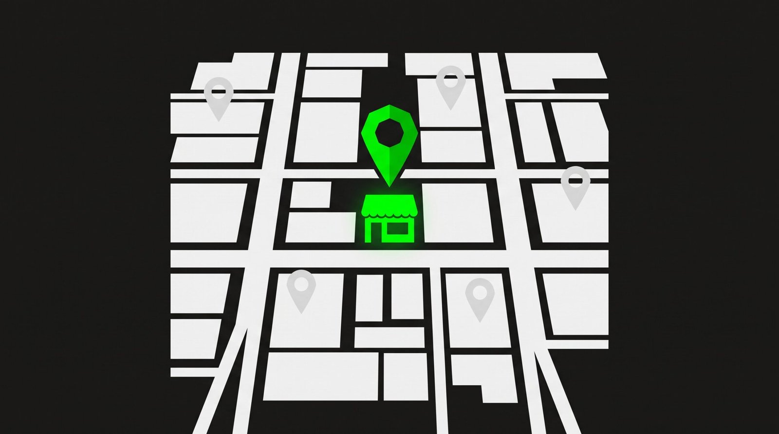Ilustración de un mapa urbano con un local resaltado en verde bajo un pin de ubicación