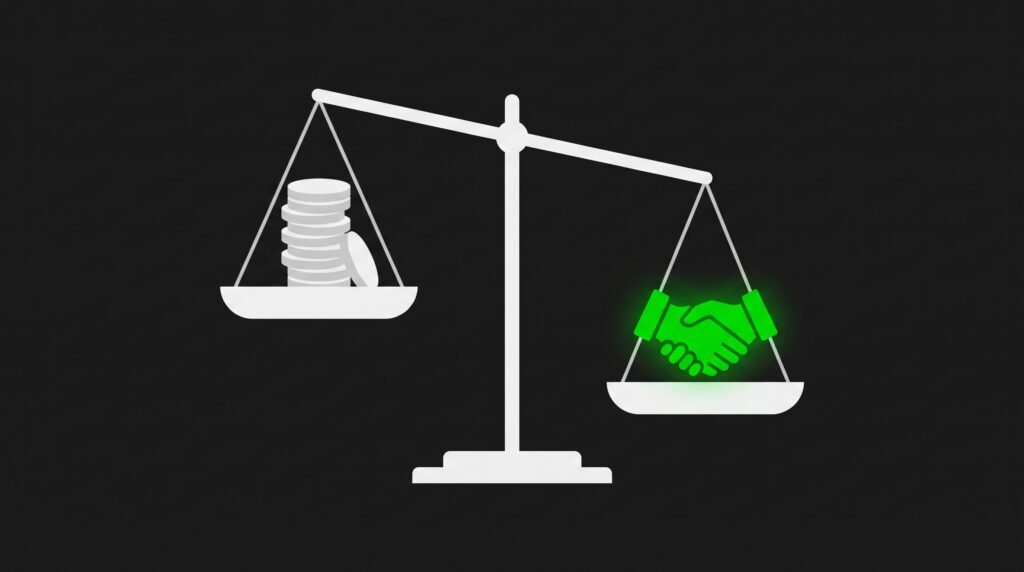 Balanza con monedas grises en un plato y un sello verde de confianza en el otro, que pesa más, sobre fondo oscuro